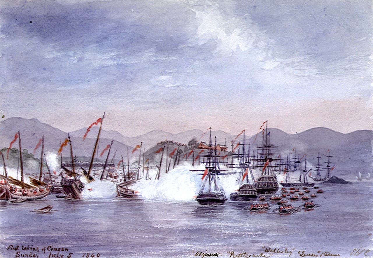 1840年6月5日，第一次定海之战，英军舰攻击清军的帆船