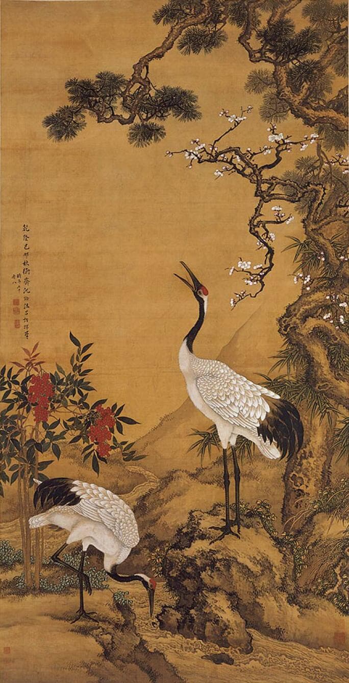 沈诠所绘《松梅双鹤图》
