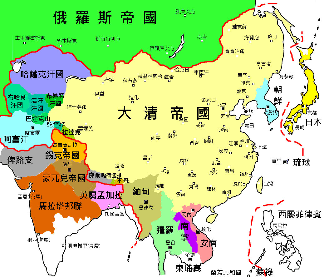 18世纪乾隆时期清朝疆域与藩属国。