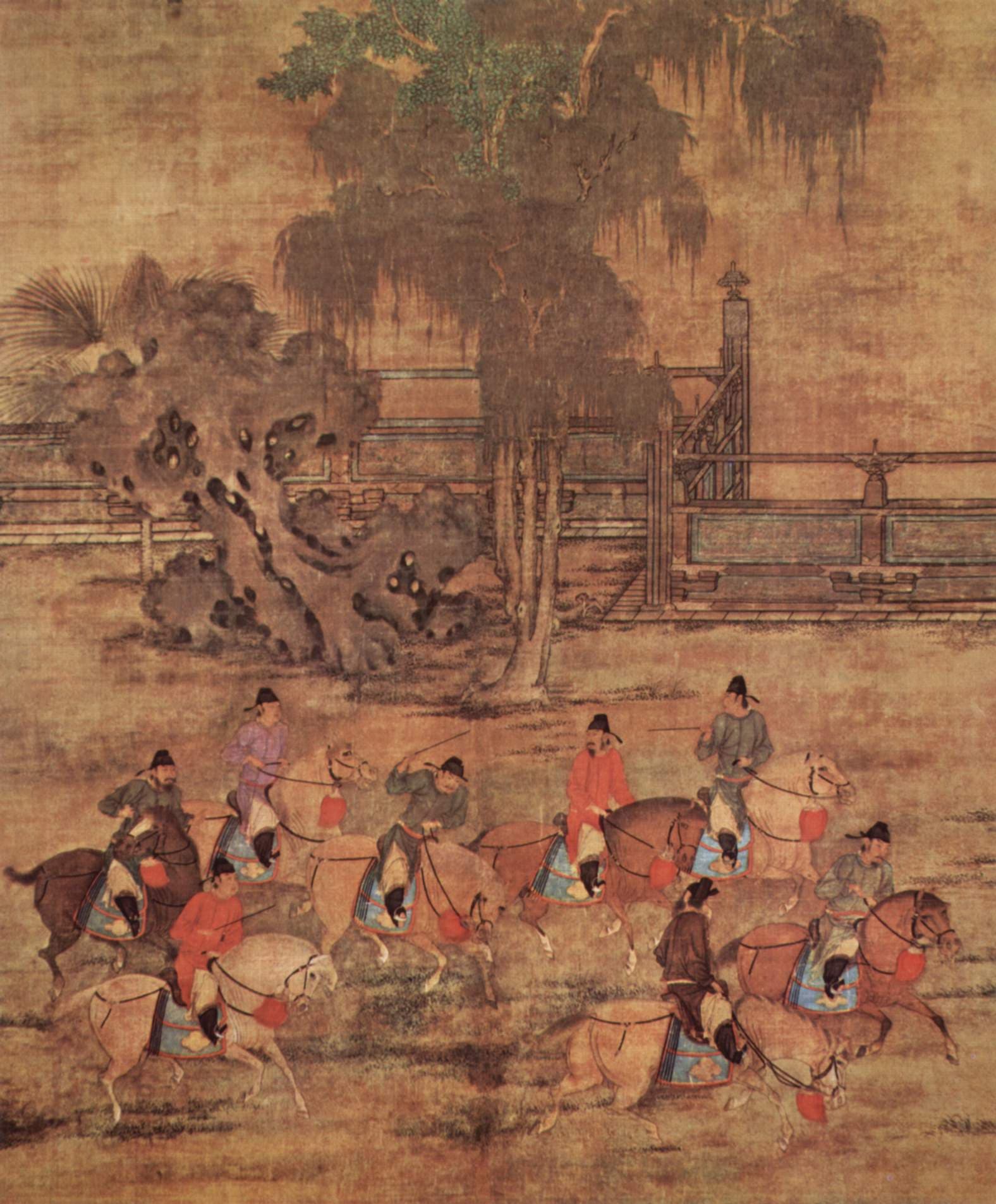 五代后梁赵喦所绘的《八达春游图》，描绘宫廷生活
