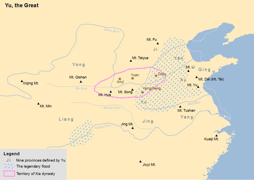 地图显示传说中的洪水和中国古代九州